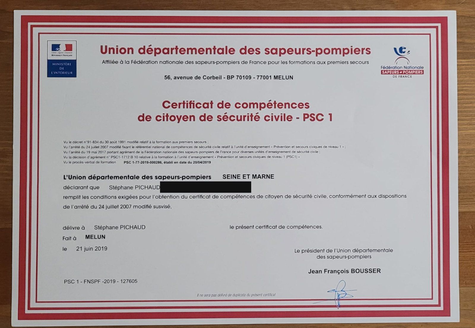 Certificat de prévention et secours civiques de niveau 1 de Stéphane Pichaud, date et lieu de naissance masqués.